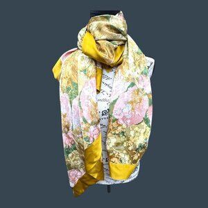 Franco Ferrari 100% Silk Floral Watercolor Square Scarf Italy Yellow Gold Border